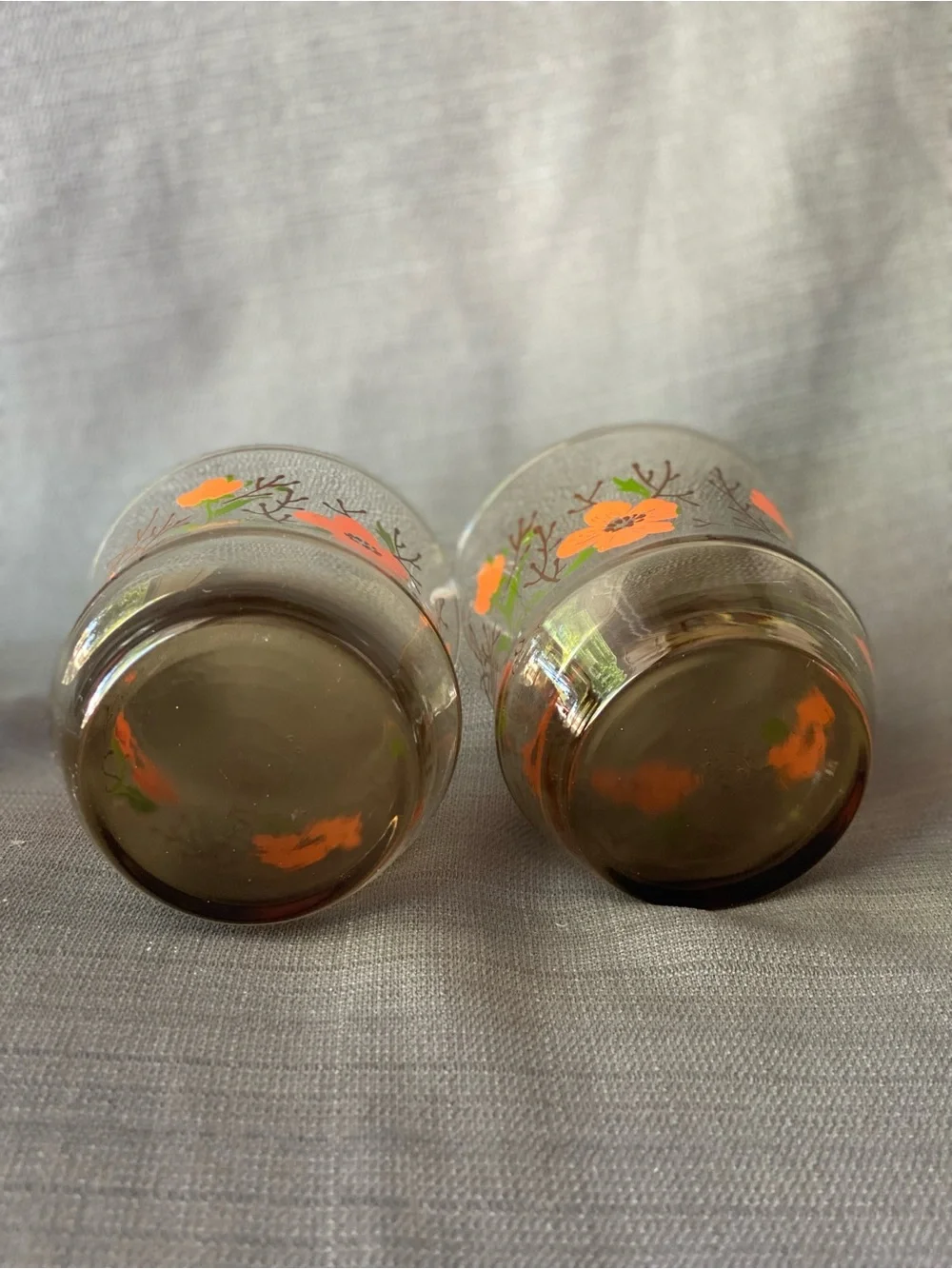 Vintage M. Dia Libbey Floral Smoked Glass Lowball Tumblers Set of 2